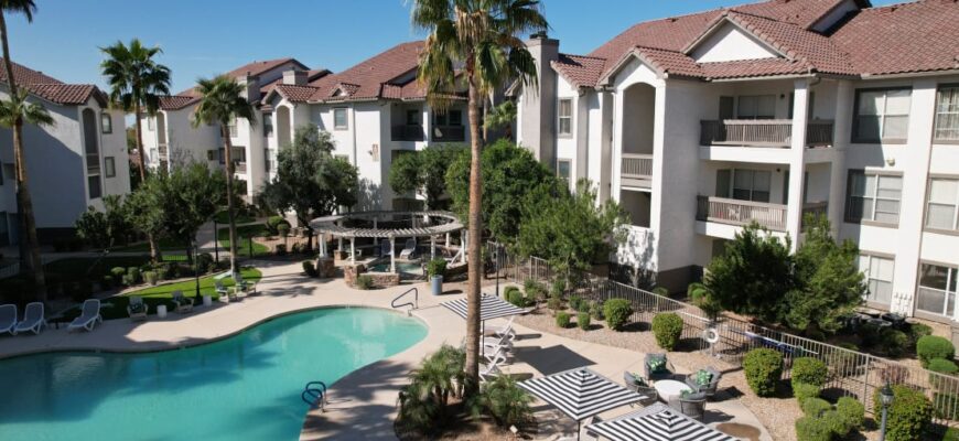 outdoor apartment setting with pool